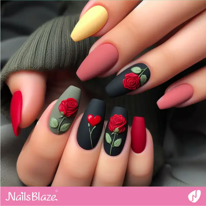 Matte Colorful Nails with Roses and a Heart Design | Valentine Nails - NB2127